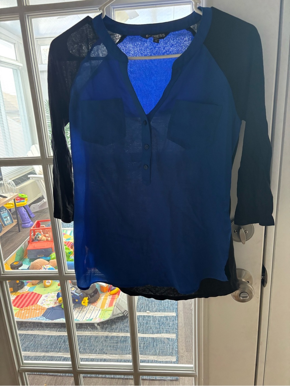 Express Blue Sheer Raglan Sleeve Blouse with Black Sleeves